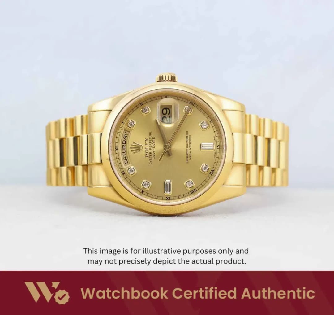 Rolex Daydate 118208 Champagne w 8 Point Diamonds + Baguette Diamonds at 6 & 9 President